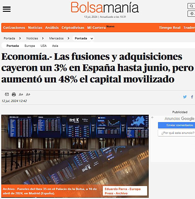 Economa.- Las fusiones y adquisiciones cayeron un 3% en Espaa hasta junio, pero aument un 48% el capital movilizado